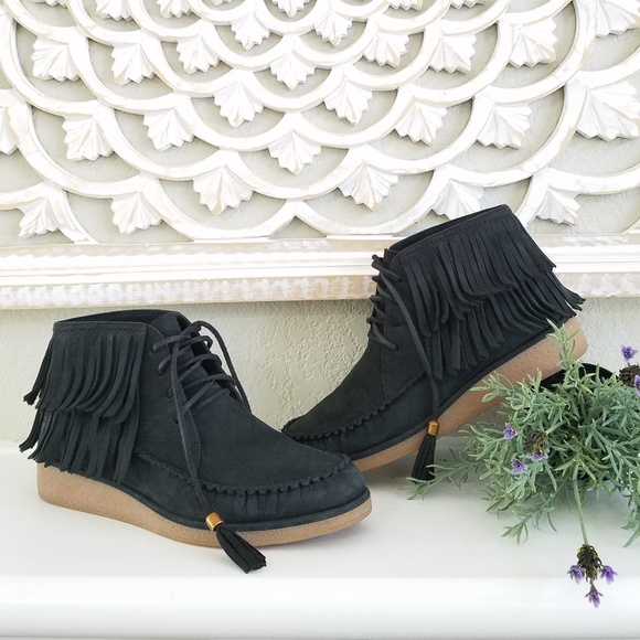 UGG Shoes - UGG Caleb Fringe Leather Wedge Moccasin Booties